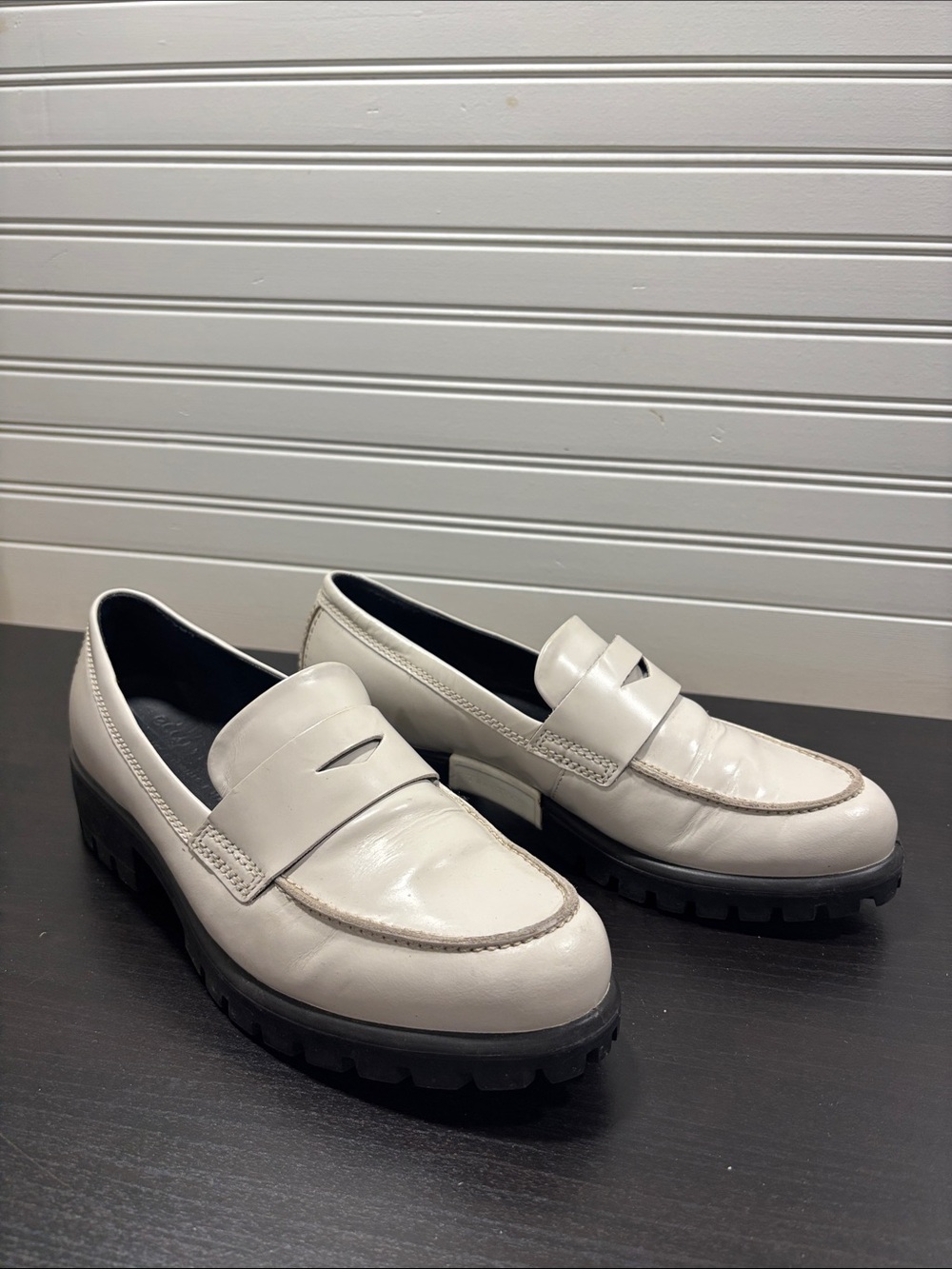 Women’s ECCO Cream Leather Penny Loafers with Lug Sole